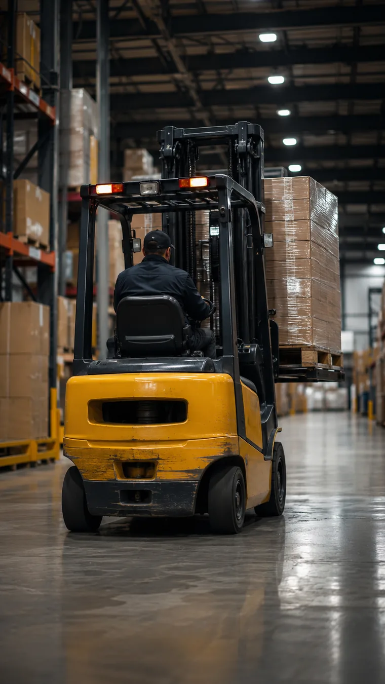 Loaded forklift moving through a warehouse aisle